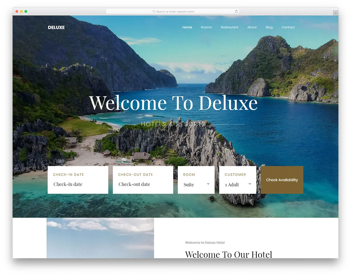 Deluxe яркий шаблон для сайта в сфере гостиничного бизнеса