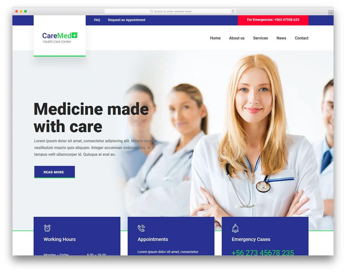 Caremed шаблон для сайтов врачей, клиник и больниц